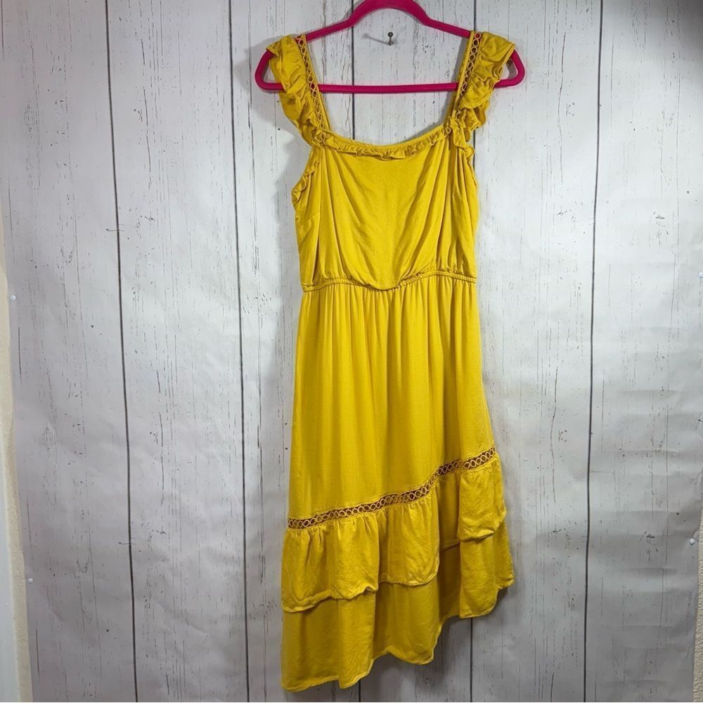 Skies Are Blue Yellow Ruffle Tiered Asymmetrical Boho Resort Dress Coastal M